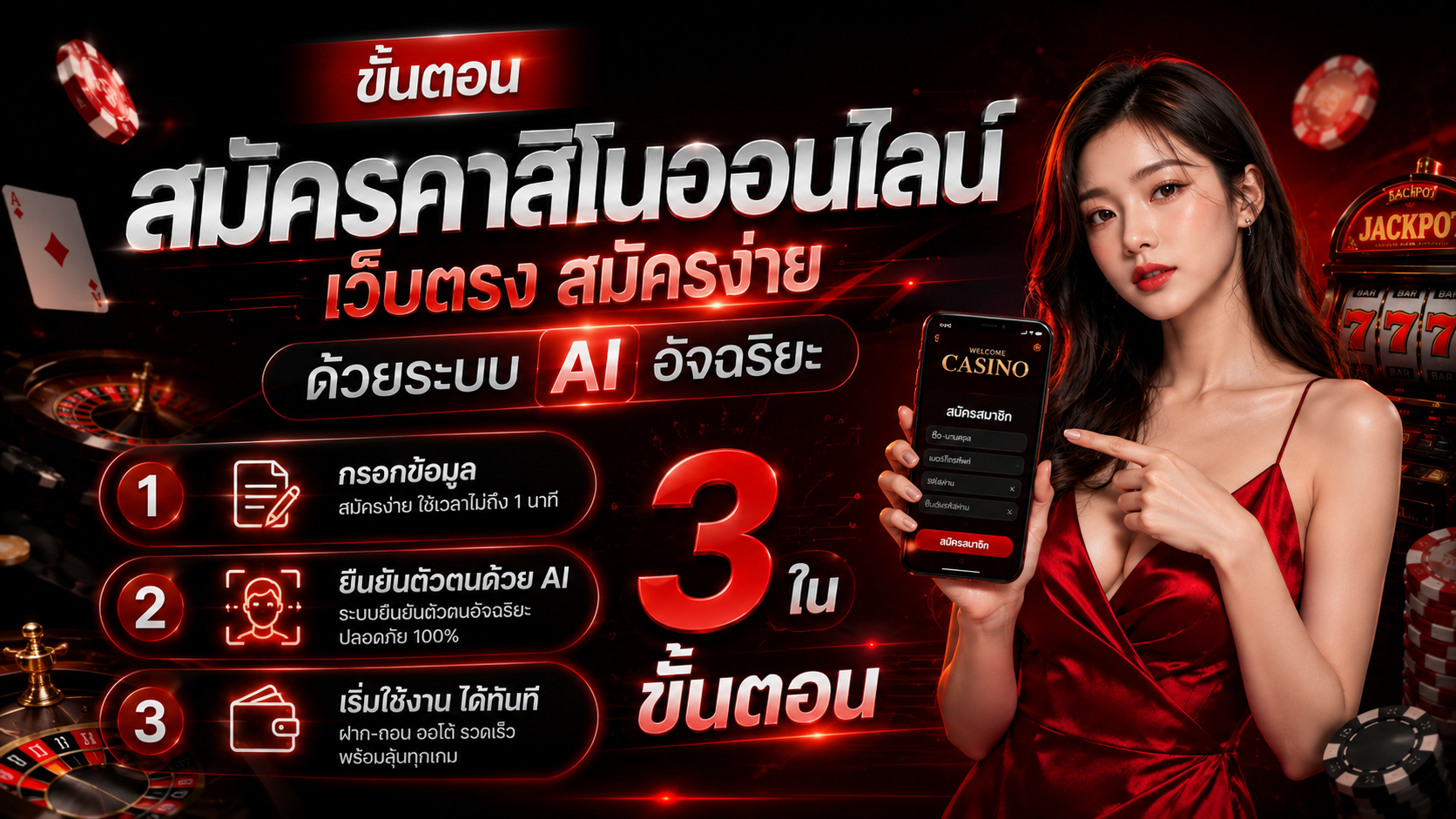 สมัครคาสิโนออนไลน์ เว็บตรง สมัครง่ายด้วยระบบ AI อัจฉริยะใน 3 ขั้นตอน อัปเดตปี 2026 ปลอดภัย ฝากถอนเร็ว 24 ชั่วโมง