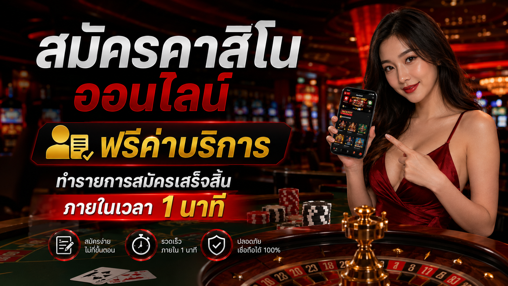 สมัครคาสิโนออนไลน์ ปี 2026 ฟรีค่าบริการ ทำรายการสมัครเสร็จสิ้นภายในเวลา 1 นาที ใช้งานง่าย ปลอดภัยทุกขั้นตอน